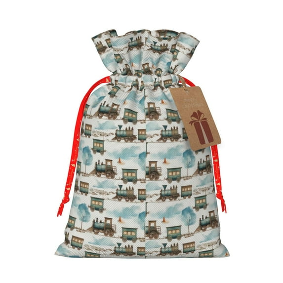 Fuzoiu Transport Train Print Christmas Gift Bag,Burlap Gift Bag with Drawstring Closure & Hang Tag,Perfect for Holidays, Birthdays, and Special Occasions-Small