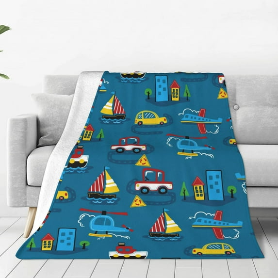 Fuzoiu Transportations with Buildings Print Ultra-Soft Micro Fleece Blanket,All Seasons Flannel Throw, Lightweight Blanket for Bed, Sofa, Couch, Movie Night, Camping, and Travel-80"x60"