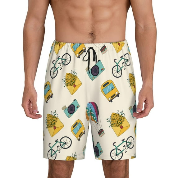 Fuzoiu Travel Elements Print Pajama Shorts for Men, Men's Pajama Bottoms,Mens Lounge Sleepwear,Pajama Pants with Pocket-Small