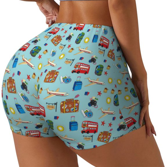 Fuzoiu Travel1 Print Women's Workout Shorts,Workout Biker Shorts Women,Exercise Fitness Shorts,Scrunch Short, Athletic Shorts for Gym Yoga Running Sport Active-