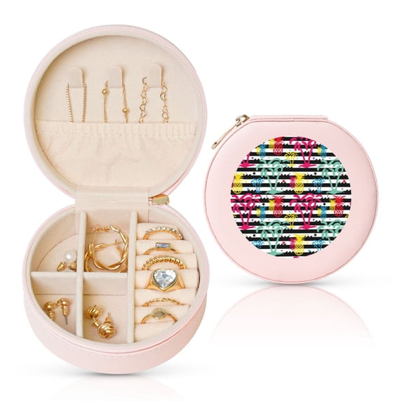 Fuzoiu Trendy Colorful Pineapples Print Portable Jewelry Box,Round Mini Leather Travel Jewelry Case,Small Travel Jewelry Organizer,Jewelry Holder for Ring Necklace Earring for Women Girls-Pink