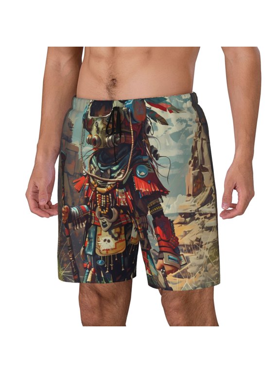 Tribal Futuristic Warrior Print Men's Swim Shorts,Quick-Dry Double-Layer Swim Trunks,Board Trunks,Beach Shorts Swimwear Bathing Suits-Small