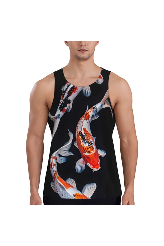 Tricolor Koi Fish Trio Print Men's Workout Tank Tops,Sleeveless Gym Shirt Quick Dry,Fitness Bodybuilding T-Shirt,Muscle Athletic Workout Tee-3X-Large