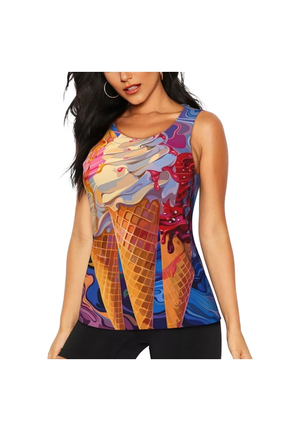 Trio Of Dripping Cones Print Women's Workout Tank Top,Athletic Racerback Sports Tank,Tops Sleeveless Running Loose Fit Yoga Tops,Active Shirts for Yoga, Running, and Gym-X-Large