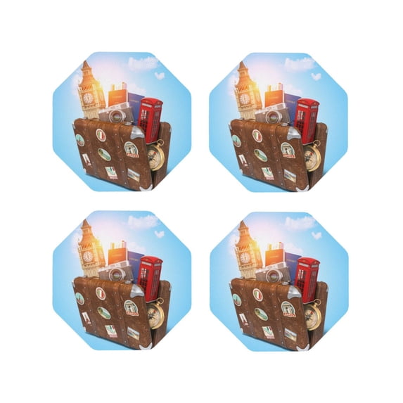 Fuzoiu Trip to London Print Leather Coasters Set,Drink Coasters Set of 4,for Tabletop Protection, Durable PVC Coasters,Home Décor and Housewarming Gift-Octagon