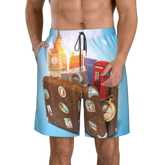 Fuzoiu Trip to London Print Men's Beach Shorts,Men's Swim Trunks,Quick Dry Board Shorts with Pockets,Men's Bathing Suits for Surfing, Running, and Casual Wear-3X-Large
