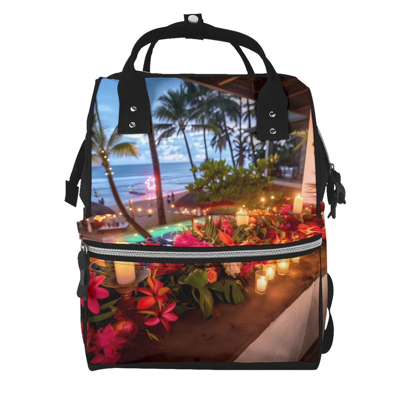 Fuzoiu Tropical Beach Candlelight Print Diaper Bag Backpack,Baby Essentials Travel Tote,Multi function Waterproof Diaper Bag, Travel Essentials Baby Bag - Unisex