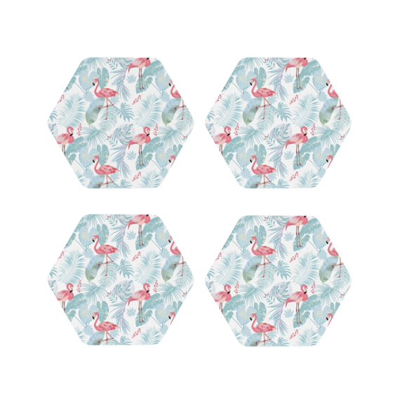 Fuzoiu Tropical Flamingo Print Leather Coasters Set,Drink Coasters Set of 4,for Tabletop Protection, Durable PVC Coasters,Home Décor and Housewarming Gift-Hexagon