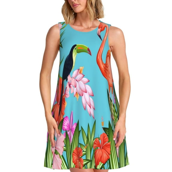 Fuzoiu Tropical Jungle Flamingo Print Women's Sleeveless Dress,Summer Dresses for Women,Casual Sundresses,Beach Sleeveless T-shirt Swing Dress with Pockets
