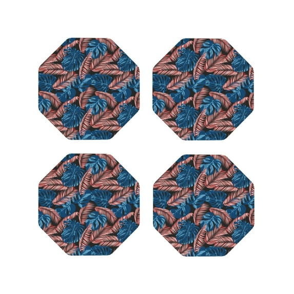 Fuzoiu Tropical Leaves Print Leather Coasters Set,Drink Coasters Set of 4,for Tabletop Protection, Durable PVC Coasters,Home Décor and Housewarming Gift-Octagon