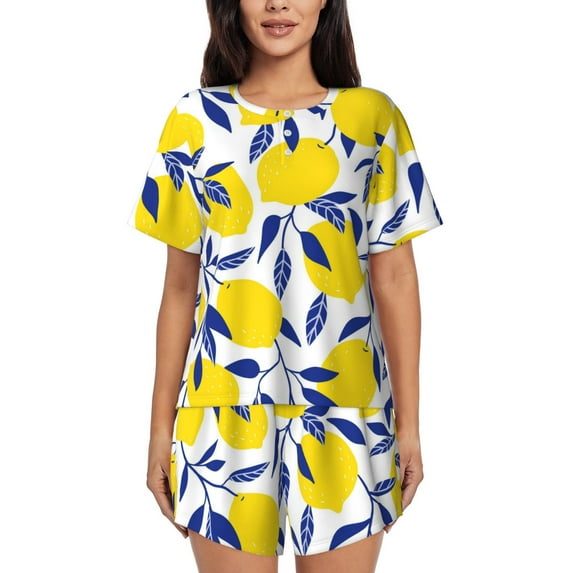 Fuzoiu Tropical Lemon Print Women's Short-Sleeved Pajama Set,Lounge Sleepwear Set,Womens Pajama Sets 2 Piece,Button-Up Top and Shorts with Pockets-3X-Large