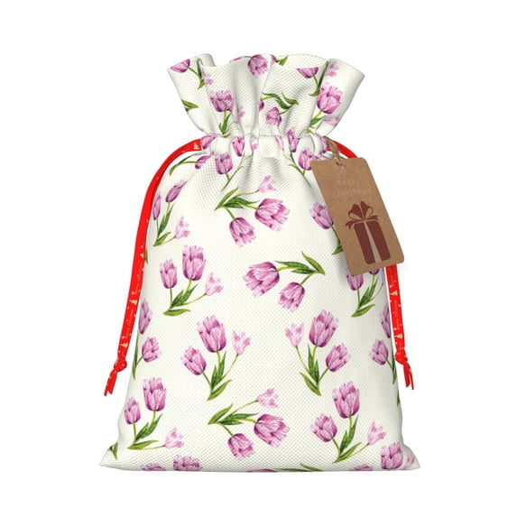 Fuzoiu Tulips Flowers Print Christmas Gift Bag,Burlap Gift Bag with Drawstring Closure & Hang Tag,Perfect for Holidays, Birthdays, and Special Occasions-Medium