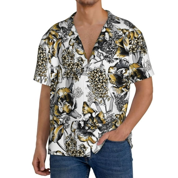 Fuzoiu Tulips Flowers Print Men's Casual Short,Men's Short Sleeve Shirt,Mens Casual Button Down Shirts,Cuban Collar Summer Shirt for Beach, Vacation, and Outdoor Activities-3X-Large