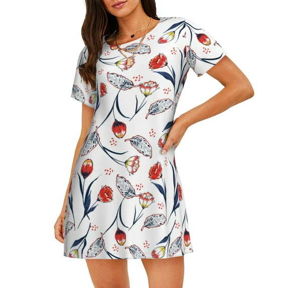 Fuzoiu Tulips Flowers Print Women Nightgowns, Soft Comfy Lightweight Short Sleeves Sleepwear,Crew Neck Loungewear