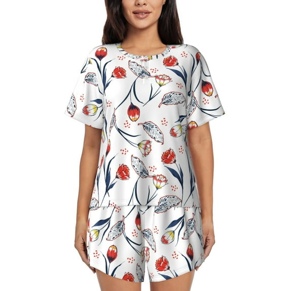 Fuzoiu Tulips Flowers Print Women's Short-Sleeved Pajama Set,Lounge Sleepwear Set,Womens Pajama Sets 2 Piece,Button-Up Top and Shorts with Pockets-Large