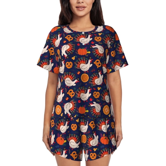 Fuzoiu Turkey And Thanksgiving Print Women's Short-Sleeved Pajama Set,Lounge Sleepwear Set,Womens Pajama Sets 2 Piece,Button-Up Top and Shorts with Pockets-4X-Large