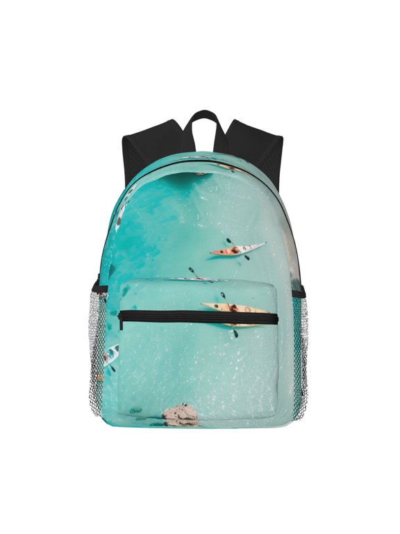 Turquoise Beach Kayaking Print School Backpack for Teens,Large Bookbag,Lightweight Laptop Bag for Travel, Work, School & Outdoor Adventures