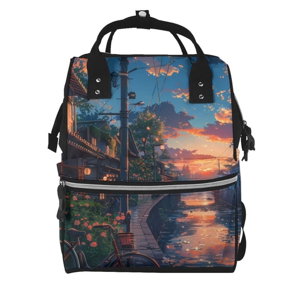 Fuzoiu Twilight Canal Reflection Print Diaper Bag Backpack,Baby Essentials Travel Tote,Multi function Waterproof Diaper Bag, Travel Essentials Baby Bag - Unisex