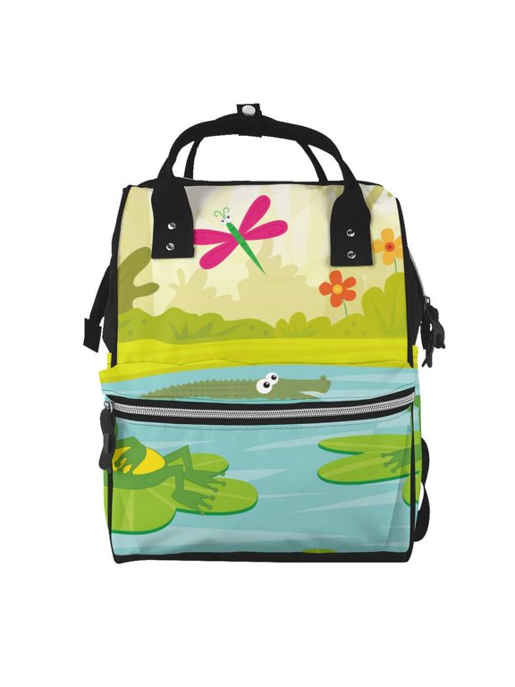 Two Frogs Are Sitting On Water Lilies Print Diaper Bag Backpack,Baby Essentials Travel Tote,Multi function Waterproof Diaper Bag, Travel Essentials Baby Bag - Unisex