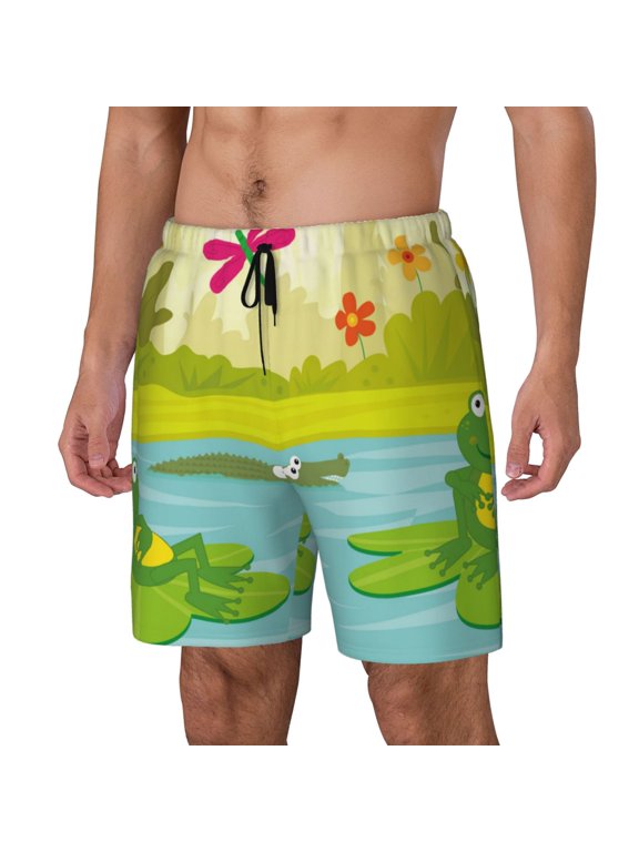 Two Frogs Are Sitting On Water Lilies Print Men's Swim Shorts,Quick-Dry Double-Layer Swim Trunks,Board Trunks,Beach Shorts Swimwear Bathing Suits-Medium