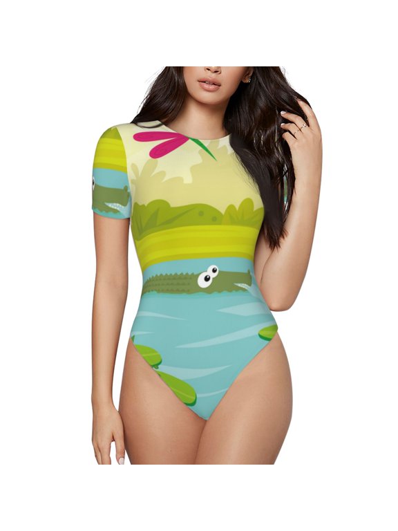 Two Frogs Are Sitting On Water Lilies Print Women's Short-Sleeved Onesie, Short Sleeve Body Suits, Women Round Neck Bodysuits for Women,for Daily Wear, Parties, and Layering-Medium