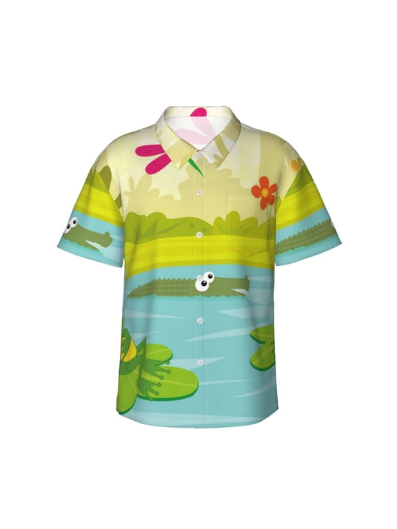 Two Frogs Are Sitting On Water Lilies Print Hawaiian Shirt for Men, Summer Beach Casual Short Sleeve Button Down Shirts, Men’s Beach Summer Shirts with Pocket,XX-Large