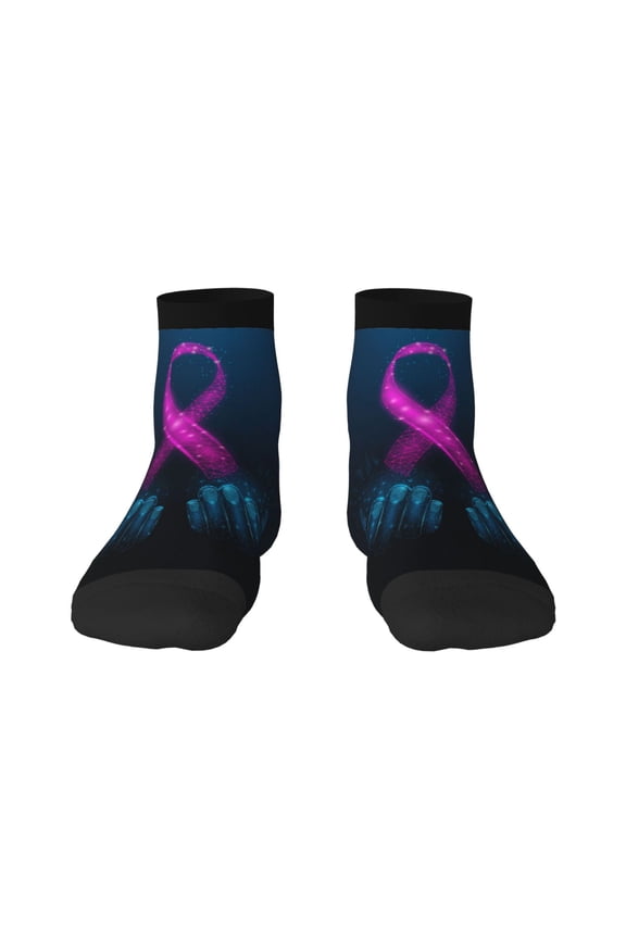 Two Human Hands are Holds Pink Ribbon Awareness Print Adult Socks, Crew Moisture-wicking Socks, Unisex Cushion Crew Socks,Casual Sports Ankle Socks