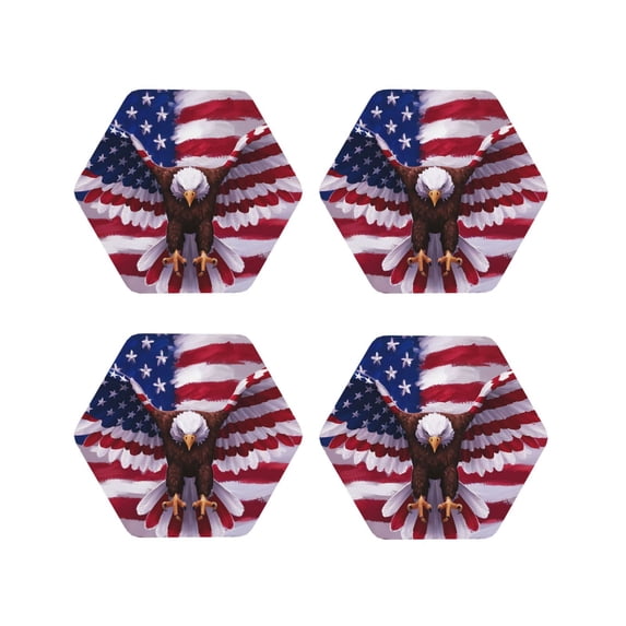 Fuzoiu USA Eagle with Spread Wings Print Leather Coasters Set,Drink Coasters Set of 4,for Tabletop Protection, Durable PVC Coasters,Home Décor and Housewarming Gift-Hexagon