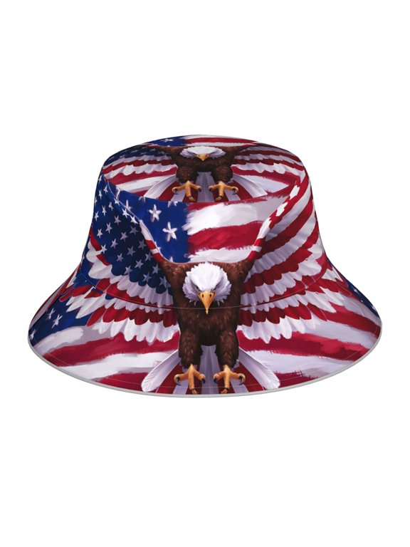 USA Eagle with Spread Wings Print Reflective Bucket Hat,Outdoor Hat for Men and Women,Bucket Hat for Travel Fishing Hunting Summer Camp