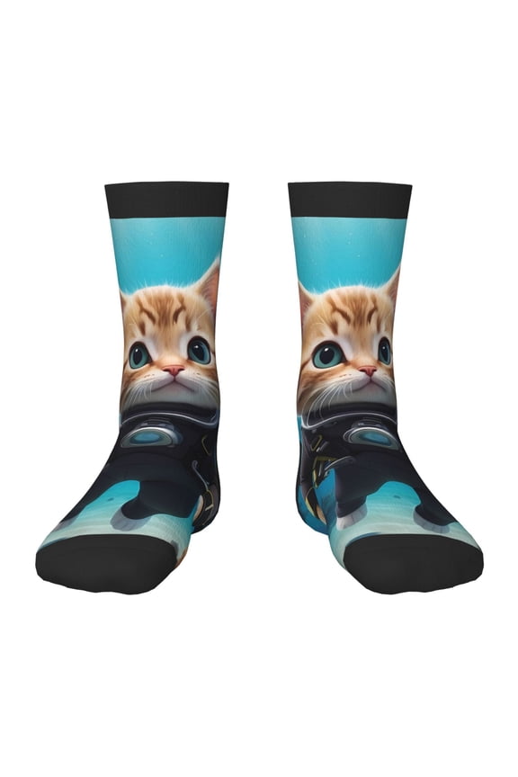 Underwater Diving Cat Print Kids Socks For Boys Girls,Grip Crew Socks with Non Slip,Lightweight Stretch Crew Socks,Toddlers Crew Boot Socks