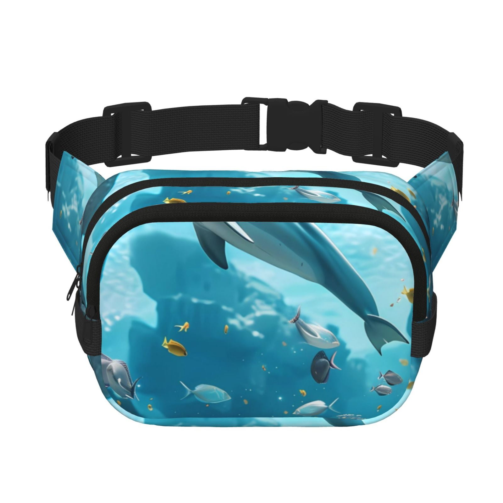 Fuzoiu Underwater Dolphin Scene Print Unisex Square Double Layer Waist Bag,Crossbody Fanny Pack Travel Workout Accessory