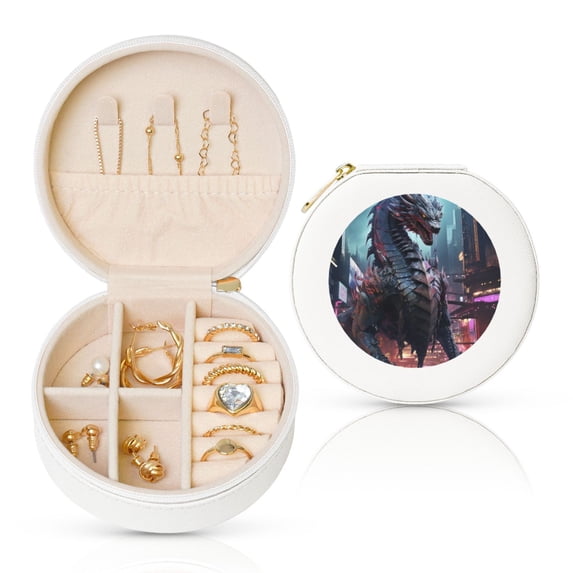 Fuzoiu Urban Mechanical Dragon Print Portable Jewelry Box,Round Mini Leather Travel Jewelry Case,Small Travel Jewelry Organizer,Jewelry Holder for Ring Necklace Earring for Women Girls-White