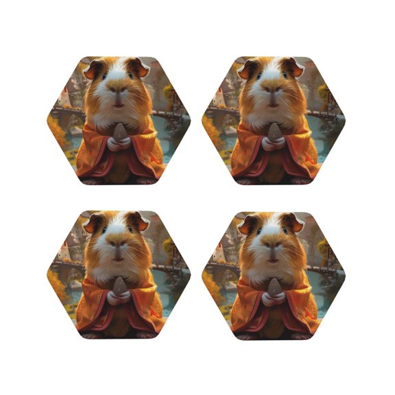 Fuzoiu Valley Meditating Guinea Pig Print Leather Coasters Set,Drink Coasters Set of 4,for Tabletop Protection, Durable PVC Coasters,Home Décor and Housewarming Gift-Hexagon