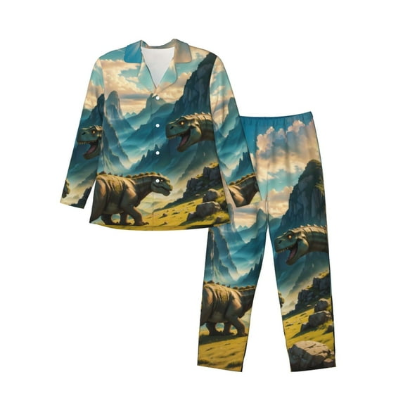 Fuzoiu Valley River Dinosaur Print Men's Long-Sleeved Pajama,Lounge Button Down Nightwear,Mens Notch Collar Pajama Set -X-Large