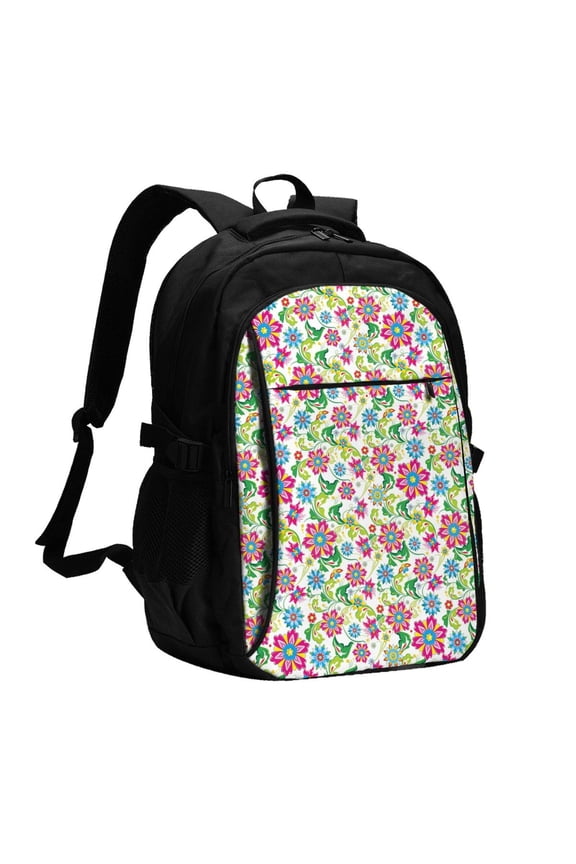 Vector Mexican Otomi Style Bright Print USB Backpack with Charging Port,Laptop Backpack,Business Travel Durable Laptops Backpack, for School, Work, Travel & Outdoor Activities