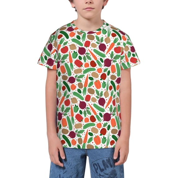Fuzoiu Vegetables Print Youth Short Sleeve T-Shirt,Youth Dry-Fit Active Athletic T-Shirt,Short Sleeve Tops Tees for School, Sports, and Casual Wear