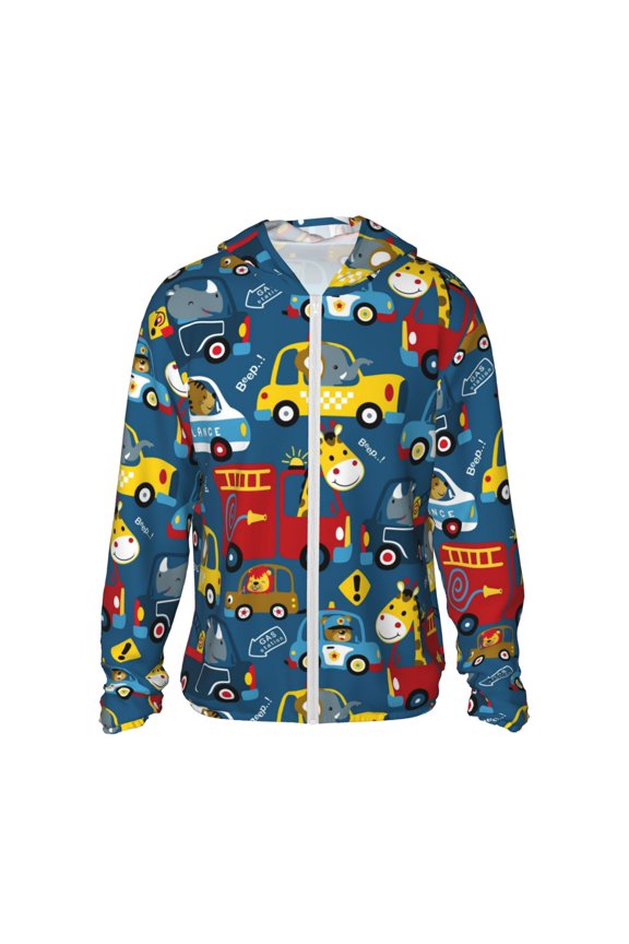 Vehicles Cartoon with Funny Drivers Print Unisex Sun Protection Hoodie,UPF 50+ Light Jacket,Full Zip Sun Protection Hoodie,Long Sleeve Sun Shirts,for Outdoor Activities-Large