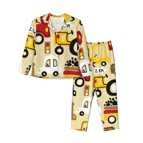 Fuzoiu Vehicles Print Women's Long-Sleeved Pajama,Lounge Button Down Nightwear,Womens Notch Collar Pajama Set-Large