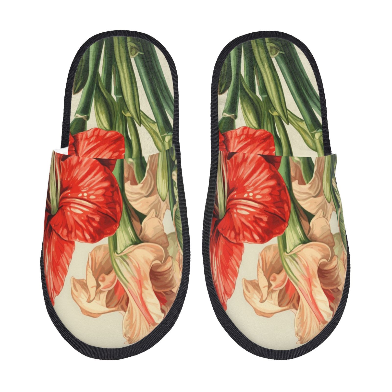 Fuzoiu Vibrant Amaryllis Flowers Print Unisex Furry Slippers,Plush Indoor Shoes,Trendy House Slippers,Anti-Skid EVA Sole House Shoes for Home, Office, and Travel -Medium