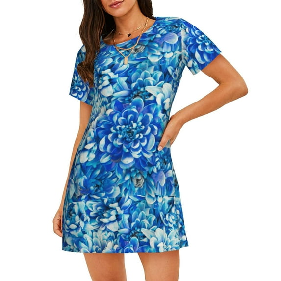 Fuzoiu Vibrant Blue Floral Print Women Nightgowns, Soft Comfy Lightweight Short Sleeves Sleepwear,Crew Neck Loungewear
