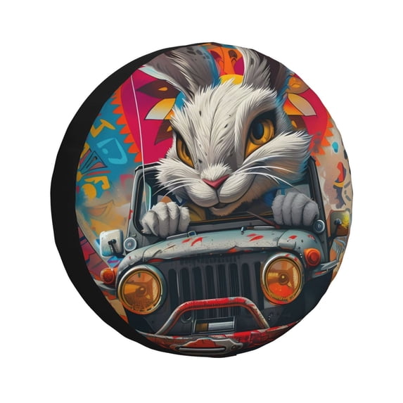 Fuzoiu Vibrant Bunny Ride Print Universal Spare Tire Cover with Buckle Strap, Waterproof Wheel Covers for Jeep, Trailer, RV, Truck and All Car-17 inch