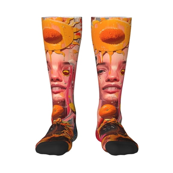 Fuzoiu Vibrant Floral Collage Portrait Print Adult Stockings,Crew Socks,Unisex Fashion Socks, Casual Sports Socks,Comfortable Crew Socks for Everyday Wear and Sports