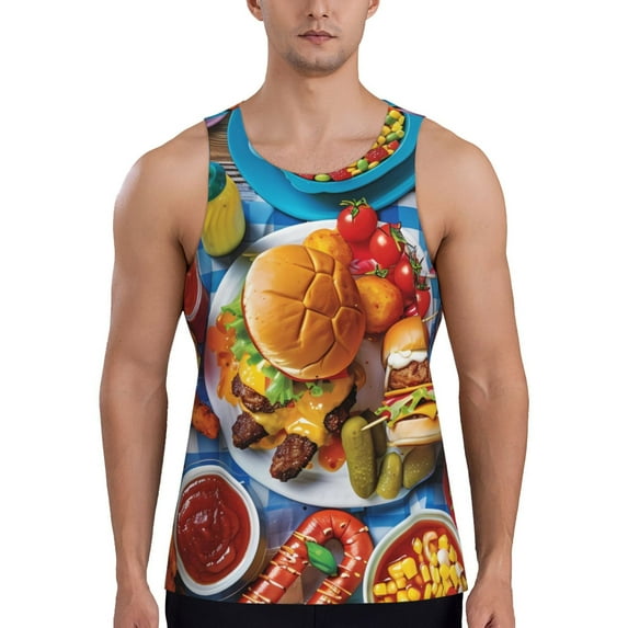 Fuzoiu Vibrant Picnic Food Spread Print Men's Workout Tank Tops,Sleeveless Gym Shirt Quick Dry,Fitness Bodybuilding T-Shirt,Muscle Athletic Workout Tee-Small