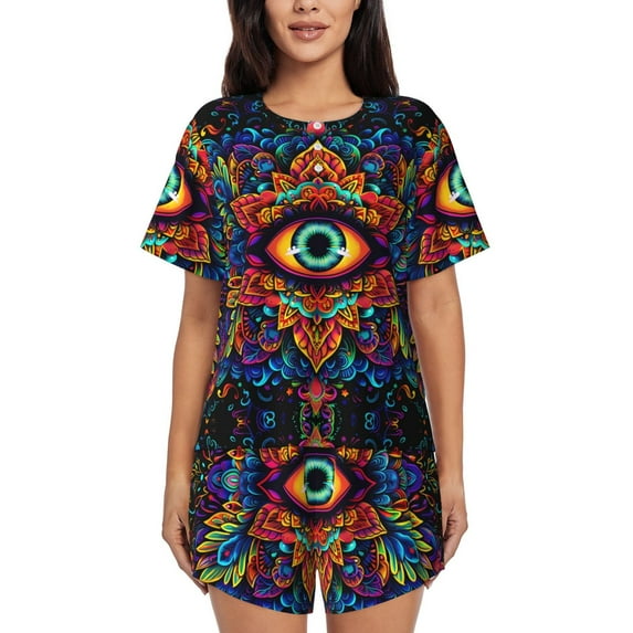 Fuzoiu Vibrant Psychedelic Eye Print Women's Short-Sleeved Pajama Set,Lounge Sleepwear Set,Womens Pajama Sets 2 Piece,Button-Up Top and Shorts with Pockets-Small