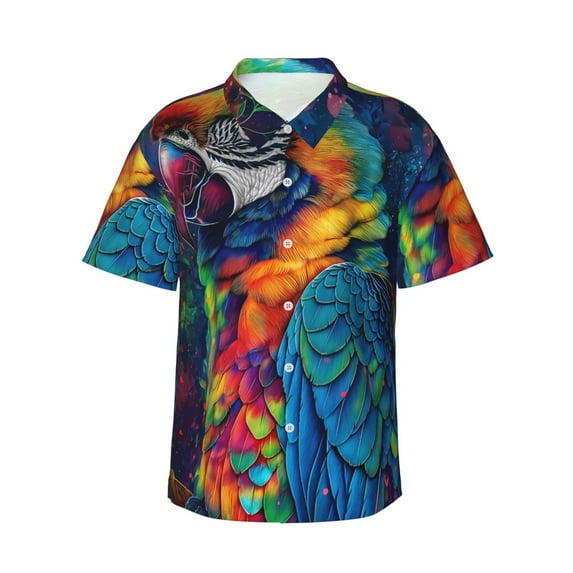 Fuzoiu Vibrant Rainbow Parrot Fantasy Print Hawaiian Shirt for Men, Summer Beach Casual Short Sleeve Button Down Shirts, Men’s Beach Summer Shirts with Pocket,Large