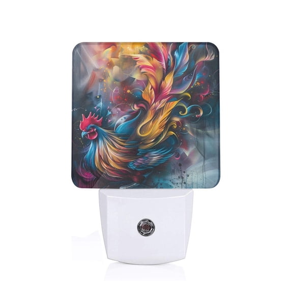 Fuzoiu Vibrant Rooster Painting Print Dusk to Dawn LED Night Light with Light Sensor, Energy-Efficient Touch-Safe Night Lamp for Home, Office, and Kids' Rooms-US