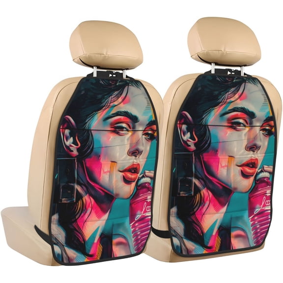 Fuzoiu Vibrant Street Art Portrait Print 2 Pack Kick Mat Back Seat Protector With 3 Storage Pockets, Universal Car Seat Back Organizer For Kids Pets, Waterproof Backseat Protector For Most Car