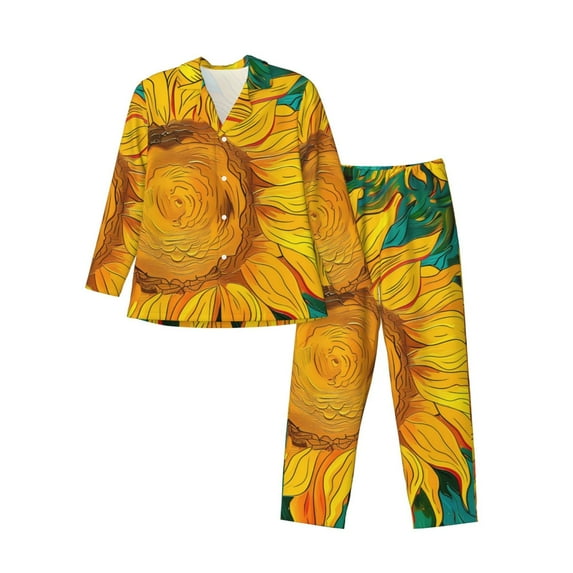 Fuzoiu Vibrant Sunflower Painting Print Men's Long-Sleeved Pajama,Lounge Button Down Nightwear,Mens Notch Collar Pajama Set -Small