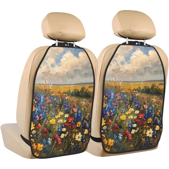 Fuzoiu Vibrant Wildflower Meadow Print 2 Pack Kick Mat Back Seat Protector With 3 Storage Pockets, Universal Car Seat Back Organizer For Kids Pets, Waterproof Backseat Protector For Most Car