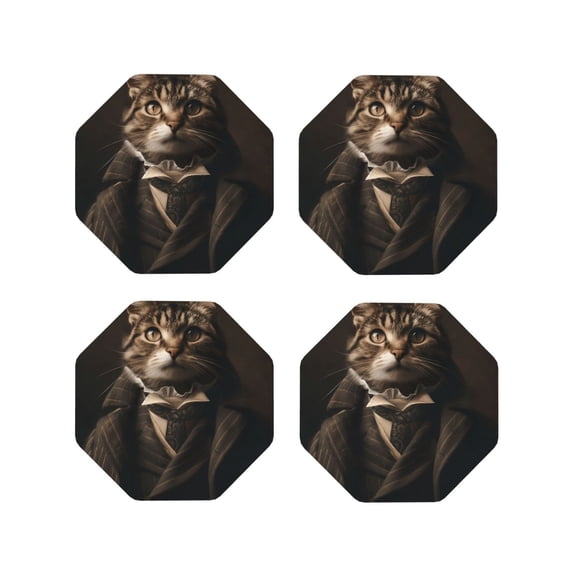 Fuzoiu Victorian Gentle Cat Print Leather Coasters Set,Drink Coasters Set of 4,for Tabletop Protection, Durable PVC Coasters,Home Décor and Housewarming Gift-Octagon